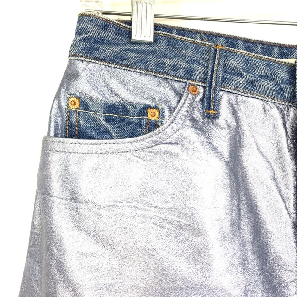 Grlfrnd Milla Women's Size 29 Light Wash Mini Skirt Metallic Leather Panel Denim - Picture 6 of 8
